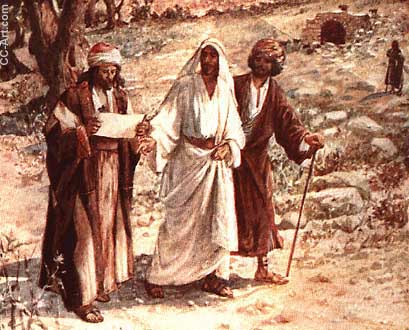 Jesus talks with two disciples on the road to Emmaus